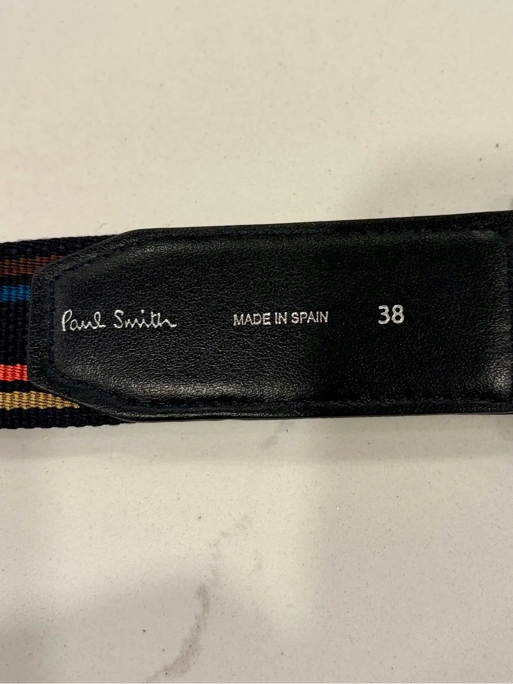 Paul Smith Signature Stripe Webbing Belt Black Leather Trim Matte D-Ring Size 38
